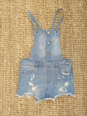 Zara Light Blue Distressed Denim Short Overalls
